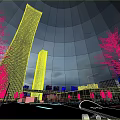 Urban Night Landscape With Illuminated Skyscrapers Green Trees And Open Square