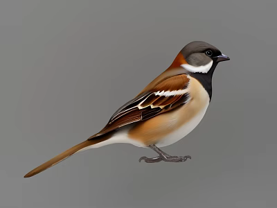 Vibrant Small Bird with Brown White and Black Plumage Standing on Gray Background 3d model