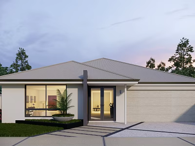 Modern Detached House Exterior With Large Glass Windows Lawn Small Tree And Garage 3d model