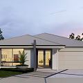 Modern Detached House Exterior With Large Glass Windows Lawn Small Tree And Garage