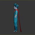 Game Movie Character With Blue Hair Blue Jumpsuit Red Cape And White Shoes