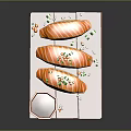 Fresh Salmon Sushi Rolls on Wooden Tray with Soy Sauce Green Garnish and Sesame Seeds