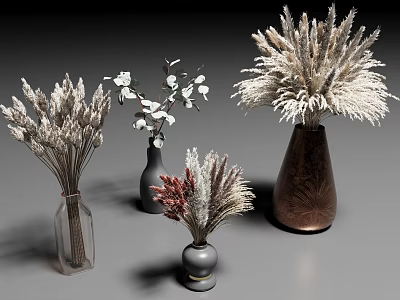 Decorative Vases with Dried Flowers Grass and White Blooms in Various Materials 3d model