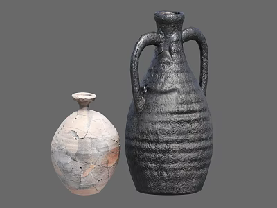 Light Colored Cracked and Black Two Handled Striped Ceramic Vessels on Gray Background 3d model