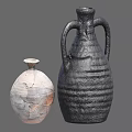 Light Colored Cracked and Black Two Handled Striped Ceramic Vessels on Gray Background 3d model
