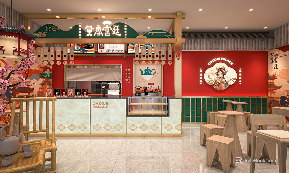 Traditional Chinese Milk Tea Shop Red Wall Green Accents Cherry Blossom Decor Wooden Tables Stools 3d model 