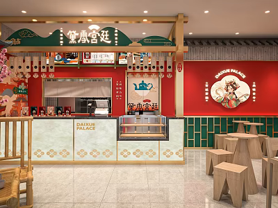 Traditional Chinese Milk Tea Shop Red Wall Green Accents Cherry Blossom Decor Wooden Tables Stools 3d model