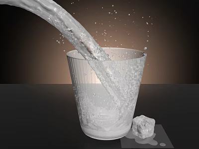Water Pouring Into Clear Glass With Ice Cube Splashing On Dark Surface 3d model
