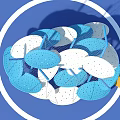 Modern Garden Landscape With Artistic Blue White Sculptural Elements And Yellow Circular Areas