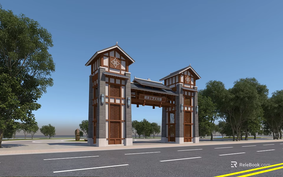Traditional Chinese Entrance Gate With Tower Like Structures Wooden Stone Design And Trees Beside Road 3d model 