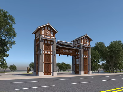 Traditional Chinese Entrance Gate With Tower Like Structures Wooden Stone Design And Trees Beside Road 3d model