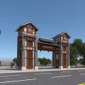 Traditional Chinese Entrance Gate With Tower Like Structures Wooden Stone Design And Trees Beside Road
