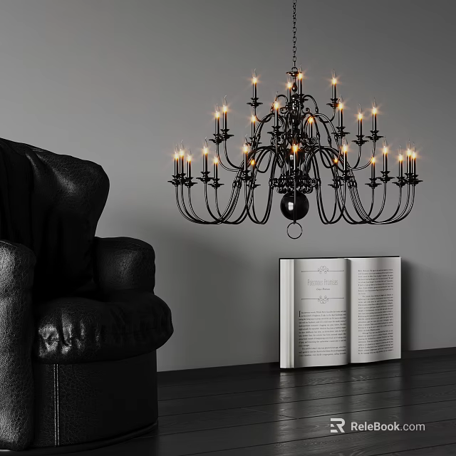 Classic Black Chandelier With Multiple Lights In Living Room Interior And Leather Sofa Open Book 3d model 