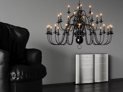 Classic Black Chandelier With Multiple Lights In Living Room Interior And Leather Sofa Open Book 3d model