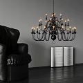 Classic Black Chandelier With Multiple Lights In Living Room Interior And Leather Sofa Open Book