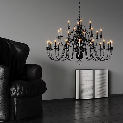 Classic Black Chandelier With Multiple Lights In Living Room Interior And Leather Sofa Open Book 3d model