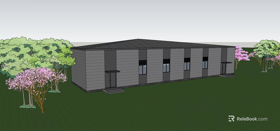 Single Story Gray Building Exterior Design With Lawn Trees Windows And Front Door 3d model 