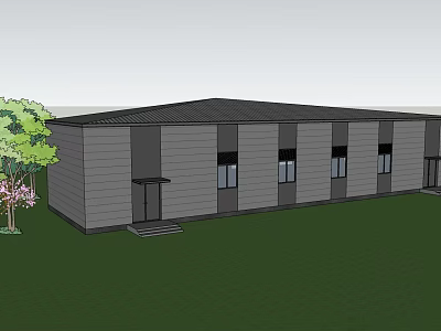 Single Story Gray Building Exterior Design With Lawn Trees Windows And Front Door 3d model