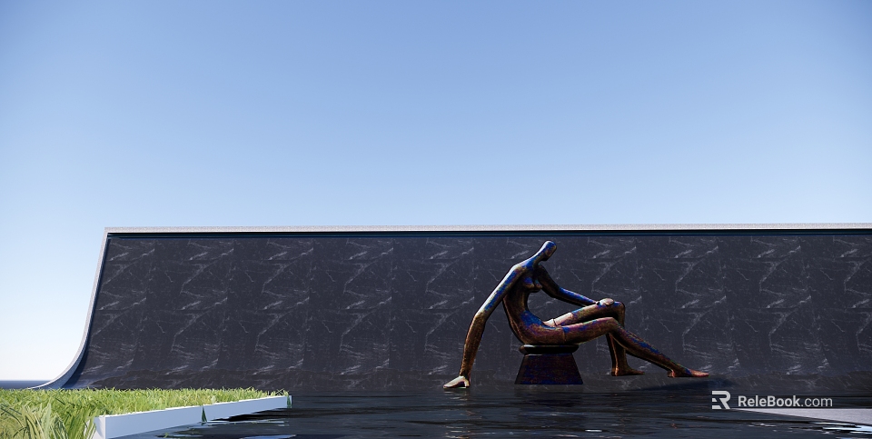 Sitting Human Sculpture by Black Wall with Water Grass and Blue Sky 3d model 