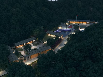 Mountain Forest Building Complex Night View With Illumination Flag And Pool 3d model