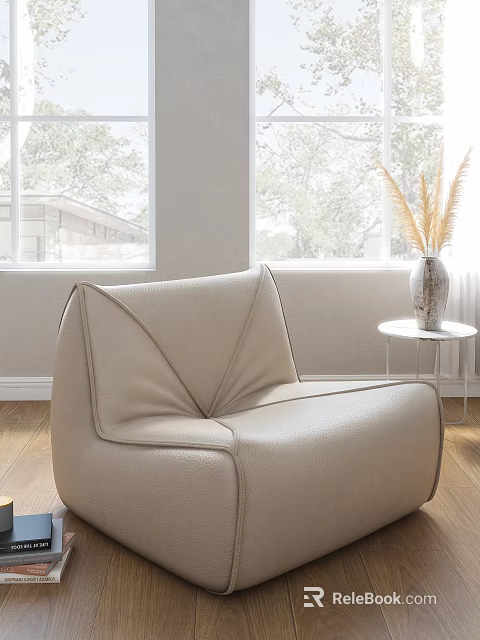 Beige Leather Lazy Sofa With Modern Design By Window And Side Table Vase 3d model
