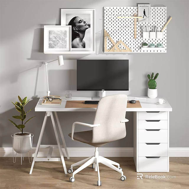Modern Workspace Desk With Computer Monitor White Chair Desk Lamp Potted Plants And Decorative Frames 3d model 