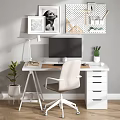 Modern Workspace Desk With Computer Monitor White Chair Desk Lamp Potted Plants And Decorative Frames