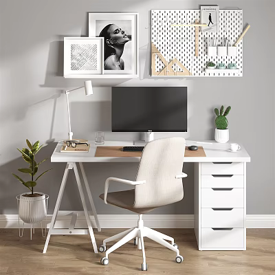Modern Workspace Desk With Computer Monitor White Chair Desk Lamp Potted Plants And Decorative Frames 3d model