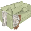 Cozy Light Green Double Sofa With Linen Fabric Multiple Cushions And Tassel Blanket