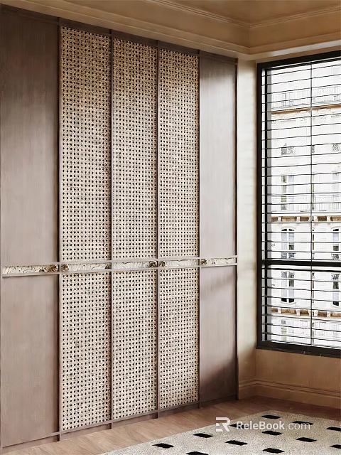 Modern Wooden Wardrobe Design With Perforated Panels And Decorative Details 3d model 