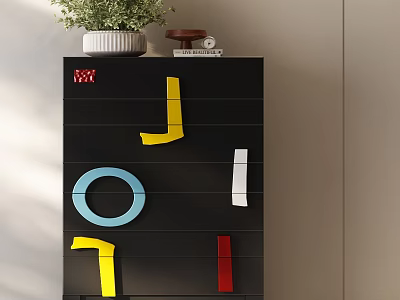 Black Entryway Side Cabinet With Colorful Letter Decorations And Plant On Top 3d model