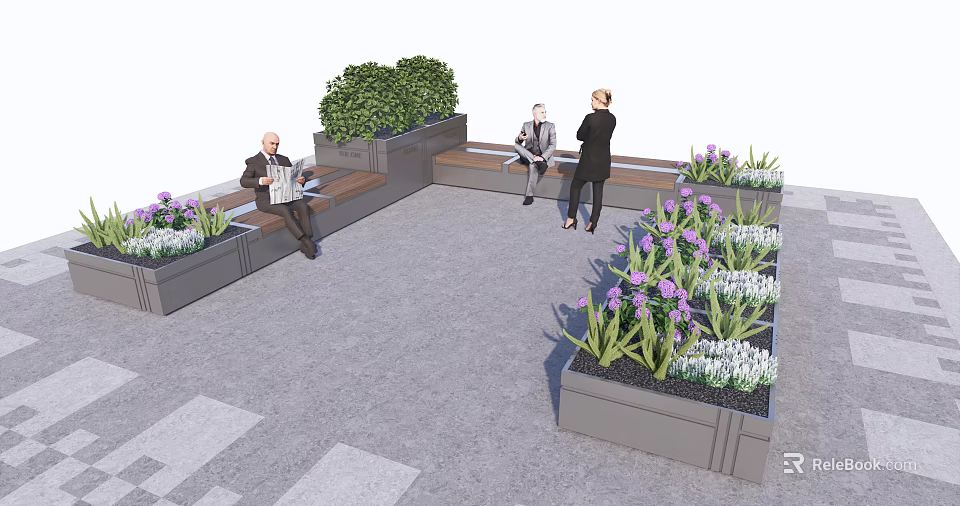 Outdoor Chairs in Urban Seating Area with Green Plants and Flower Planters 3d model 