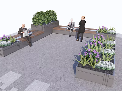Outdoor Chairs in Urban Seating Area with Green Plants and Flower Planters 3d model