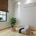 Cozy Indoor Space With Pug Dog White Round Armchair Green Plants Bamboo Blinds Wooden Flooring