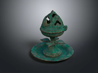 Ancient Bronze Incense Burner With Carved Lid And Greenish Blue Patina Ornate Base 3d model