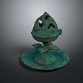 Ancient Bronze Incense Burner With Carved Lid And Greenish Blue Patina Ornate Base