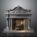 Ornate Silver Decorative Fireplace Interior With Carved Design And Burning Logs 3d model