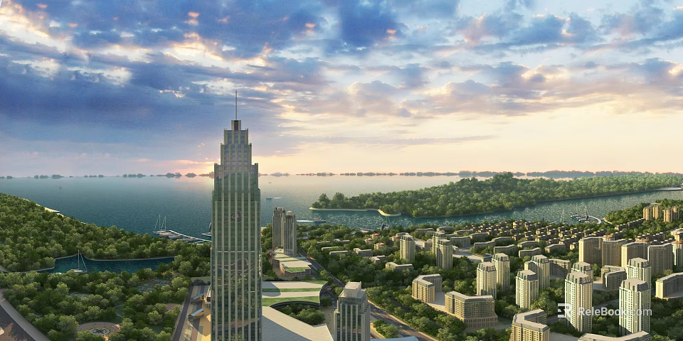 Aerial Urban Planning of Modern Coastal City with Skyscrapers Green Islands and Waterfront 3d model 