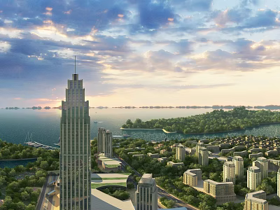 Aerial Urban Planning of Modern Coastal City with Skyscrapers Green Islands and Waterfront 3d model