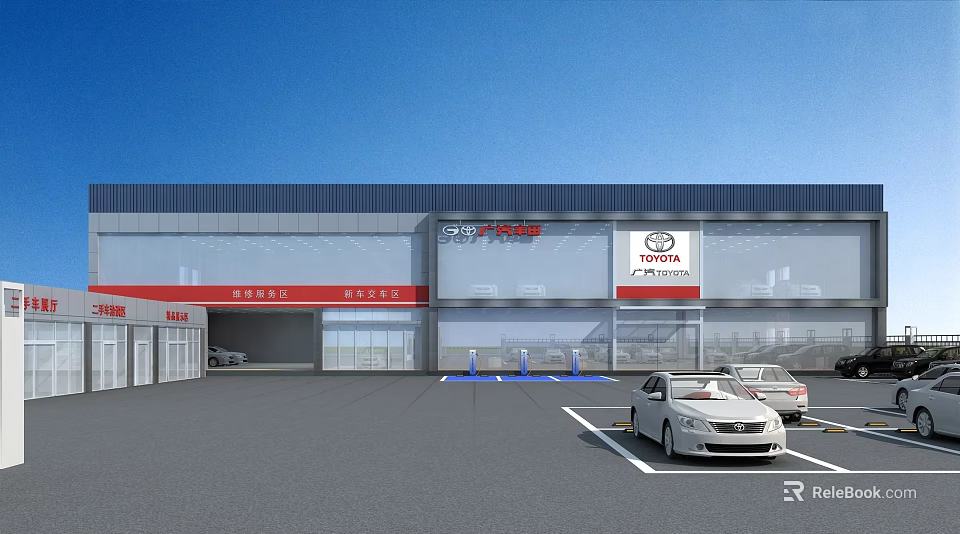 GAC Toyota 4S Store Exterior With Brand Logo Parking Lot And Parked Cars 3d model 
