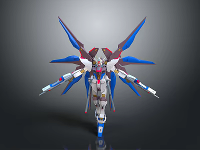 Mecha Character 3D Model With Blue Red Wings And White Body Design 3d model