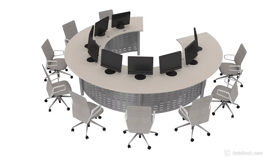 Modern Circular Office Desk Setup With Multiple Computer Monitors And Office Chairs 3d model