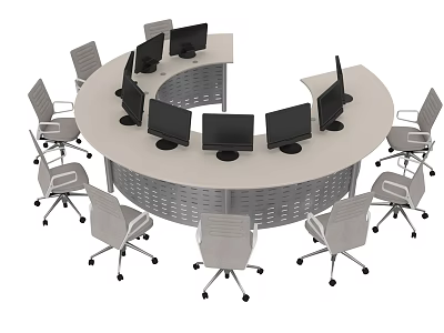 Modern Circular Office Desk Setup With Multiple Computer Monitors And Office Chairs 3d model