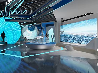 Hi Tech Exhibition Hall Interior With Blue Lighting Large Screen And Interactive Display Installation 3d model