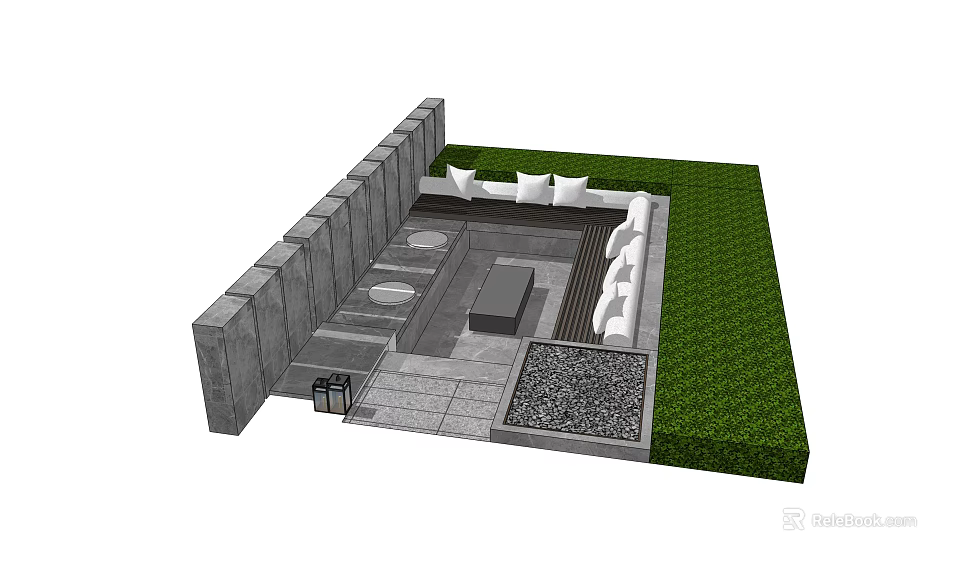 Outdoor Landscape Seating Design With Stone Wall Paved Floor Grass And White Cushions 3d model 