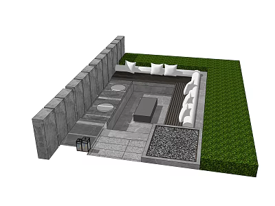 Outdoor Landscape Seating Design With Stone Wall Paved Floor Grass And White Cushions 3d model