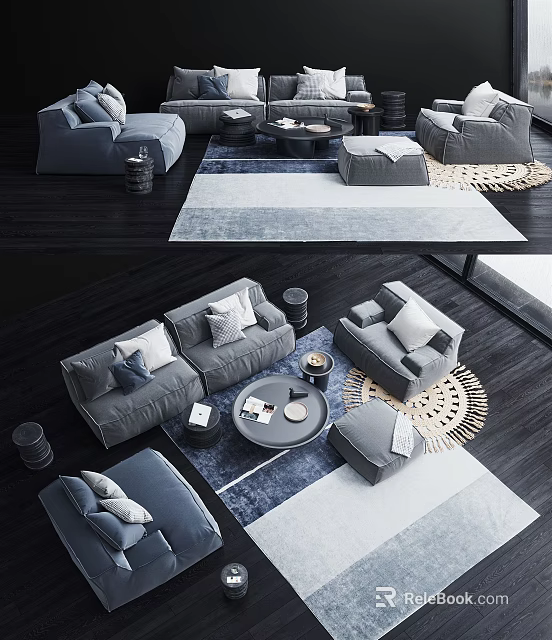 Modern Gray Sofa And Coffee Table Set With Pillows Ottoman Side Table And Area Rug 3d model