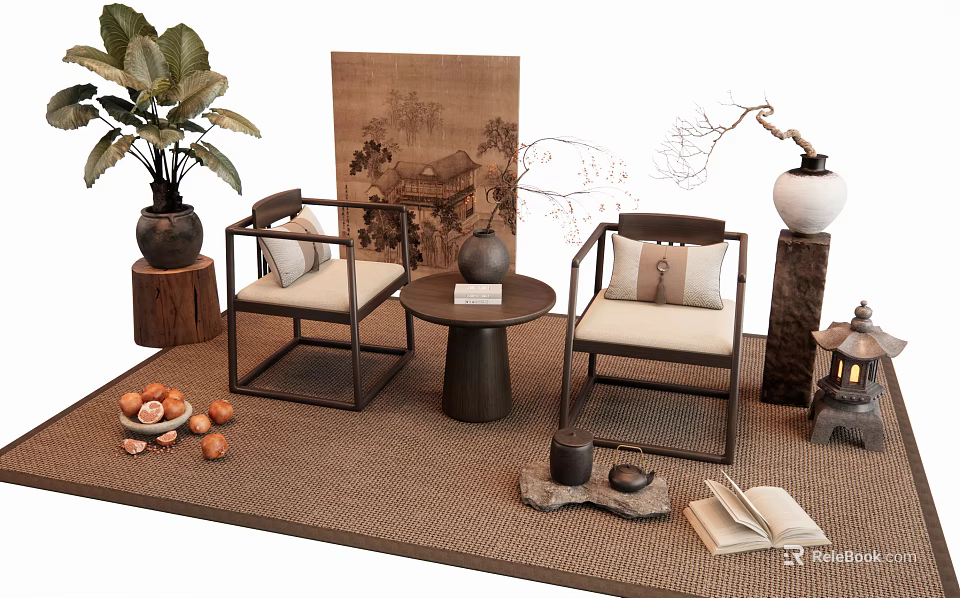 Chinese Style Leisure Chairs With Small Coffee Table Antique Painting And Green Plant 3d model 