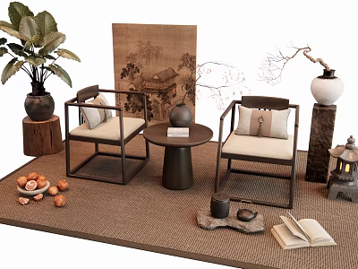 Chinese Style Leisure Chairs With Small Coffee Table Antique Painting And Green Plant 3d model