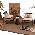 Chinese Style Leisure Chairs With Small Coffee Table Antique Painting And Green Plant